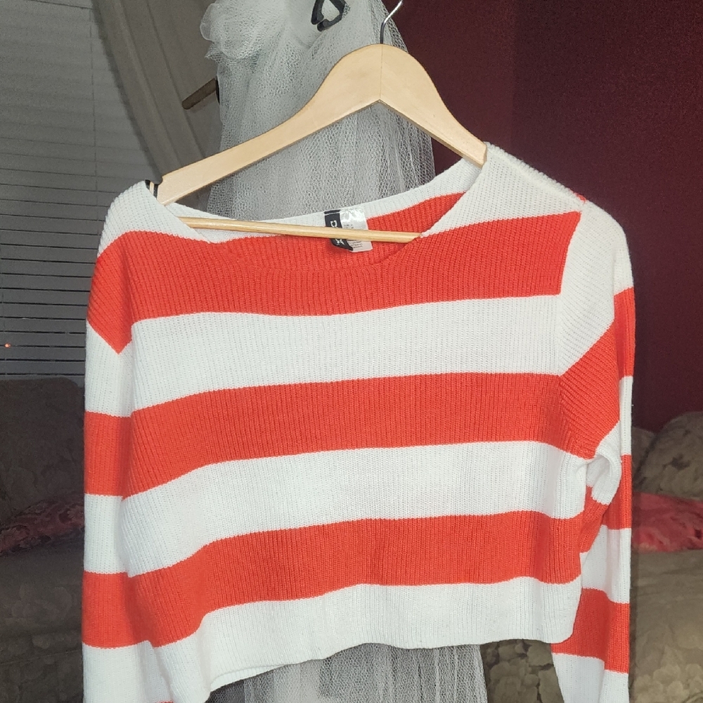 Divided Red and White Off-the-Shoulder Sweater